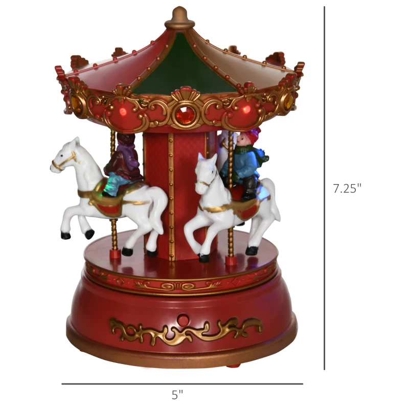 HOMCOM Carousel Music Box with LED Light, Figurine, 3-Horse Musical Carousel, Battery Operated Merry Go Round for Anniversary Birthday Christmas