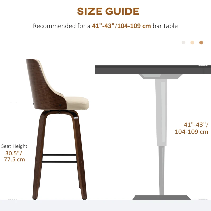 HOMCOM Bar Height Bar Stools Set of 2 PU Leather Upholstered Swivel Barstools with Solid Wood Legs Footrest and Tufted Back, Beige