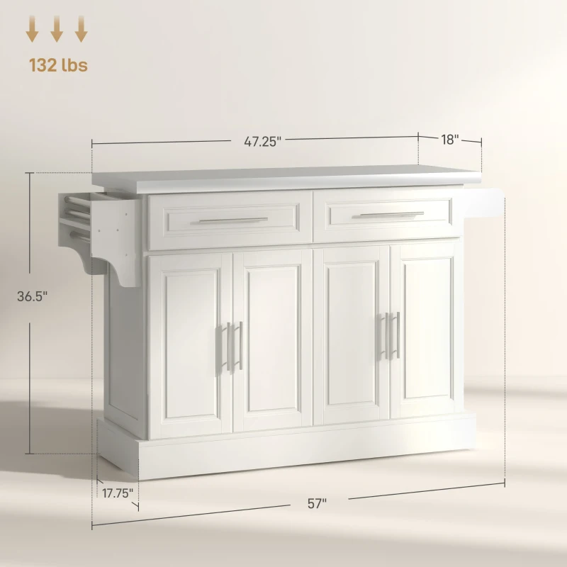 HOMCOM Rolling Kitchen Island with Stainless Steel Top, 2 Drawers, Spice, Knife and Towel Rack and Cabinets, Cream White