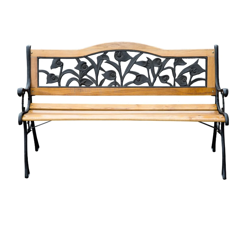 Outsunny 50" 2-Seater Garden Bench Chair, Loveseat for Yard, Lawn, Porch, Patio, Cast Iron/ Wooded, Natural