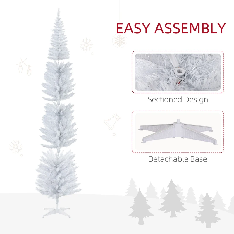 HOMCOM 8ft Pencil Christmas Tree, Slim Artificial Christmas Tree with Realistic Branches and Warm White LED Lights, White