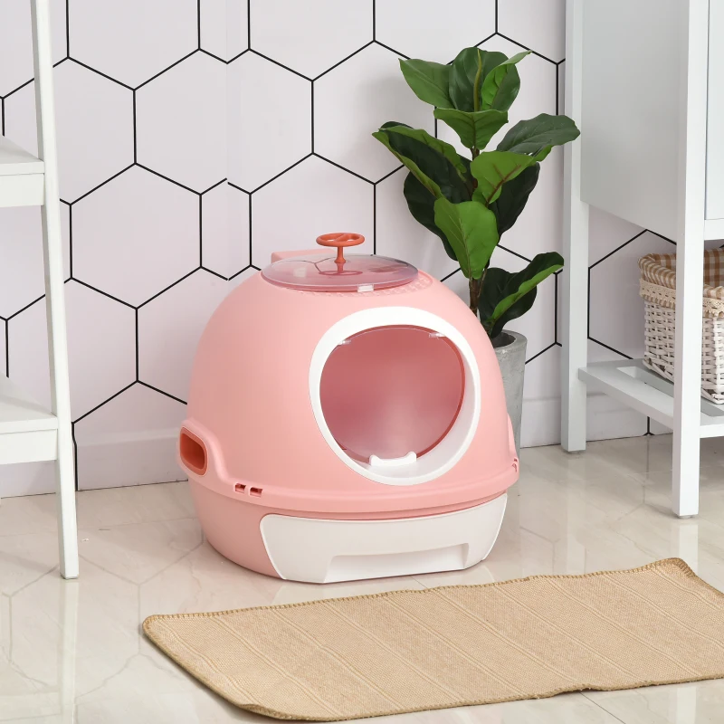 PawHut Cat Litter Box Toilet with Lid, Covered Litter Box with Scoop, Enclosed Drawer, and Skylight, Pink