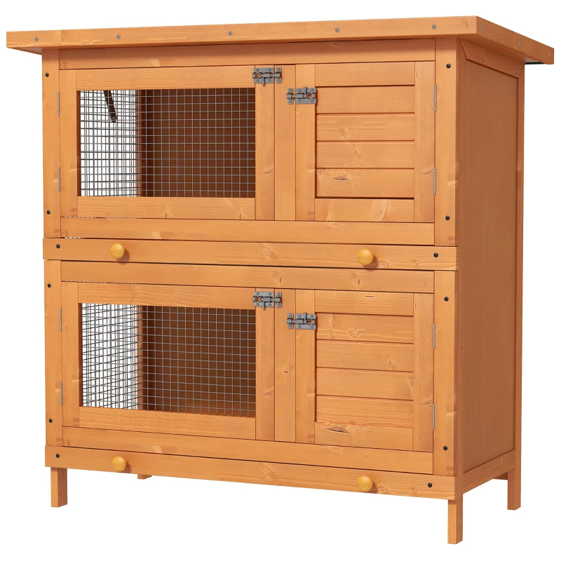 PawHut 2-Tier Wooden Rabbit Hutch Small Animal House Bunny Pet Cage with 2 Main Rooms, Sliding Tray, Opening Top, Yellow