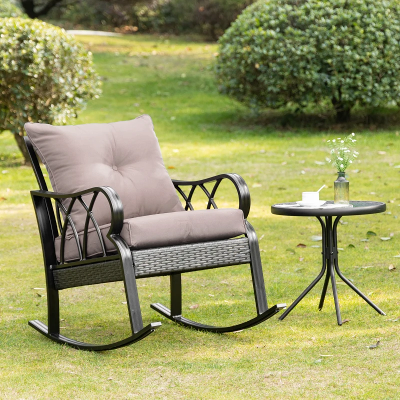 Outsunny 2 Piece Outdoor Wicker Rocking Chairs Rattan Porch Rockers with Cushions, Aluminum Frame for Garden, Patio, Gray