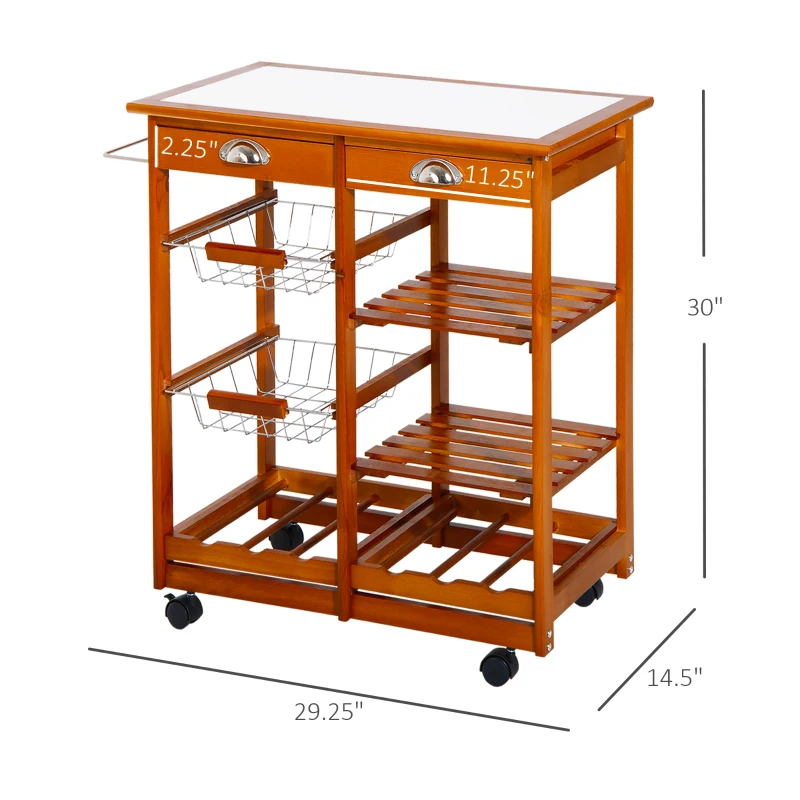 HOMCOM Wooden Rolling Kitchen Cart, Tile Counter Top Kitchen island on Wheels with Towel Rack, 2 Drawers, 2 Shelves, Wire Baskets & Wine Rack, Natural