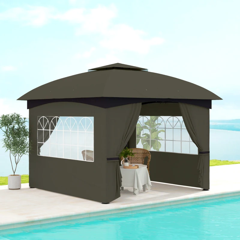 Outsunny 11' x 11' Outdoor Gazebo, Double Roof Patio Gazebo with Curtains, Church Windows, Galvanized Steel Frame, Dark Gray