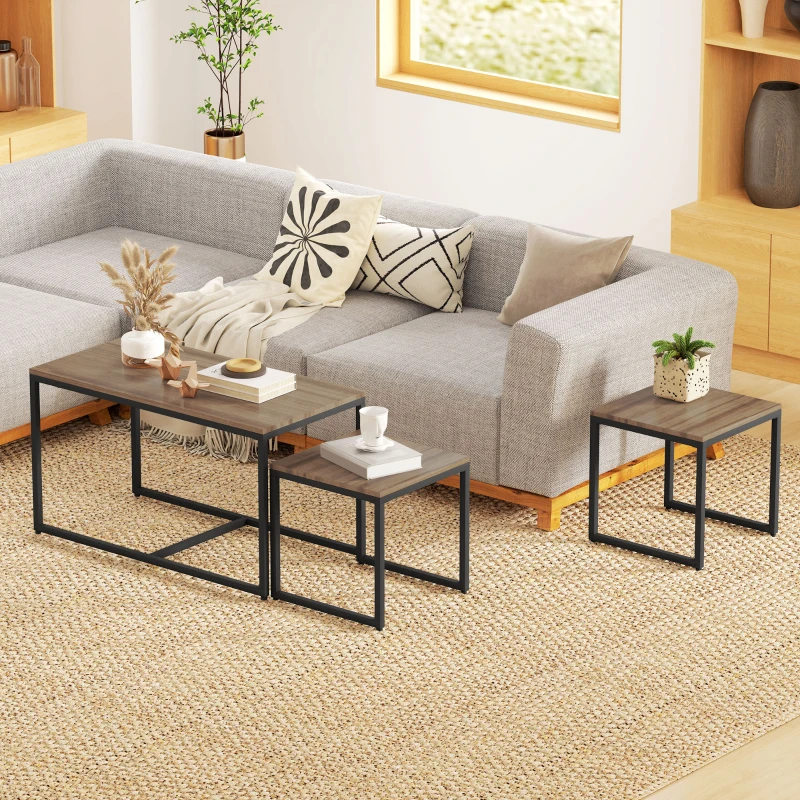 HOMCOM Nesting Coffee Table Set of 3, Modern End Tables with Black Metal Frame for Living Room Home Furniture, Brown