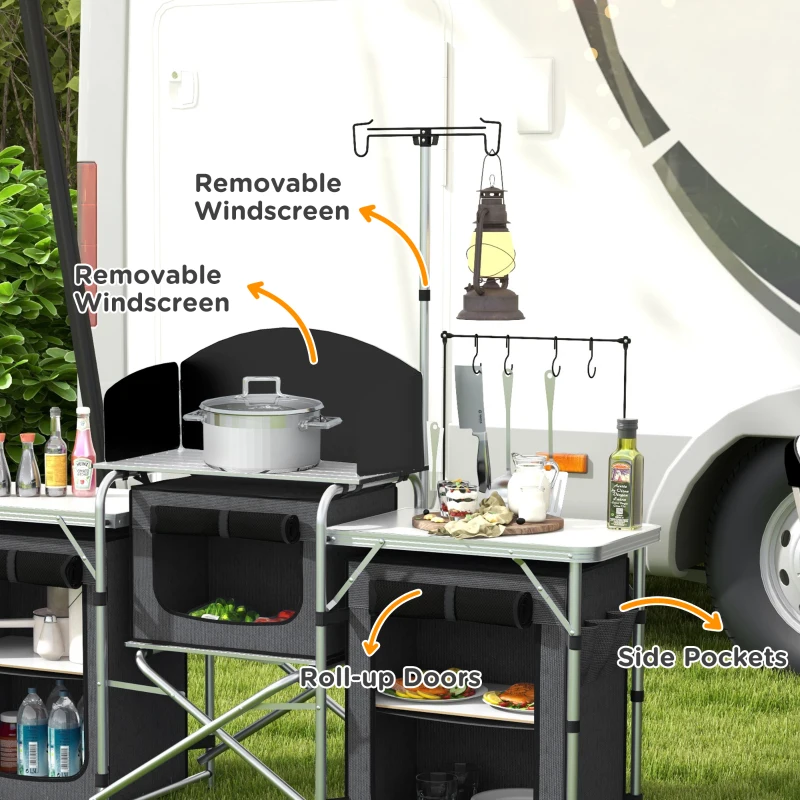 Outsunny Aluminum Camping Kitchen, Portable Folding Camping Table with Fabric Cupboards, Windshield, Bag for BBQ, Picnic, Black