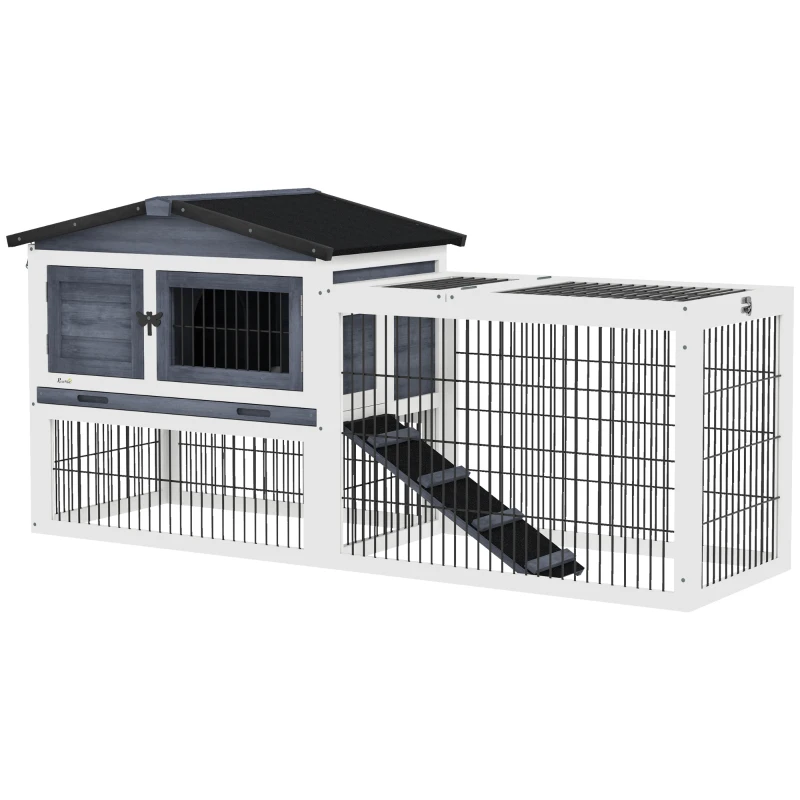 PawHut 2 Level 59" Outdoor Rabbit Hutch with Openable Top, Dark Gray