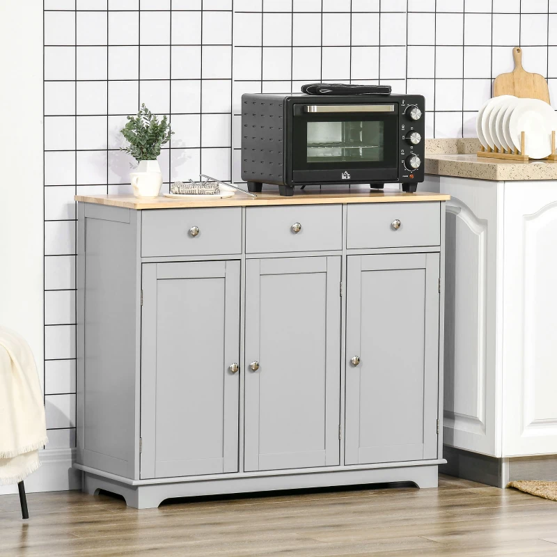 HOMCOM Kitchen Storage Cabinet, Sideboard Floor Cupboard with Solid Wood Top, Adjustable Shelf, and 3 Drawers, Gray