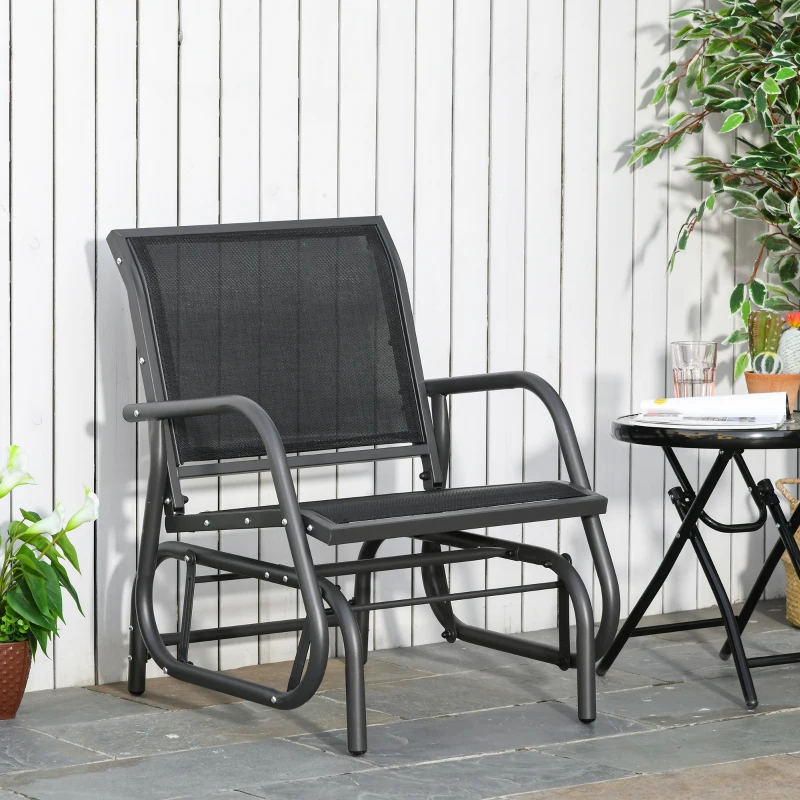 Outsunny Patio Glider with Breathable Mesh Fabric Seat & Backrest, Metal Frame Outdoor Glider Swing Chair with Armrests, Black