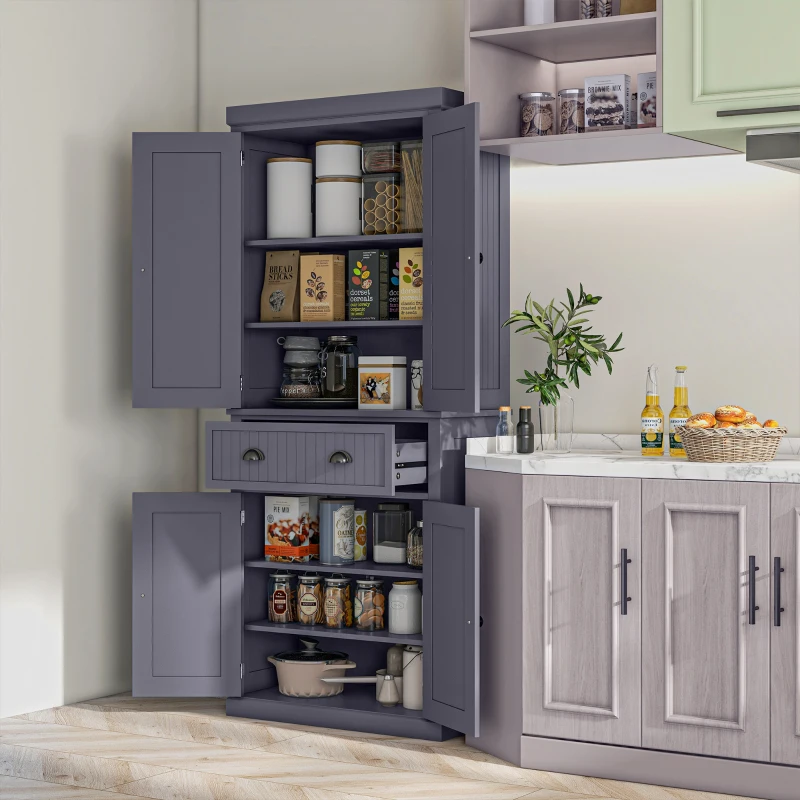 HOMCOM 72" Kitchen Pantry Storage Cabinet, Cupboard w/ 4 Doors and 3 Adjustable Shelves, Large Central Drawer, Navy Blue