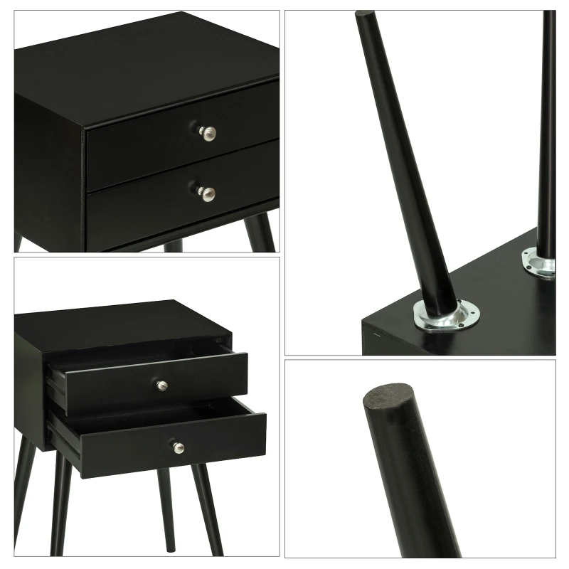 HOMCOM Side Table, Modern End Table with 2 Pull Out Drawers, Side Table with Display Tabletop and Solid Acacia Legs, Black