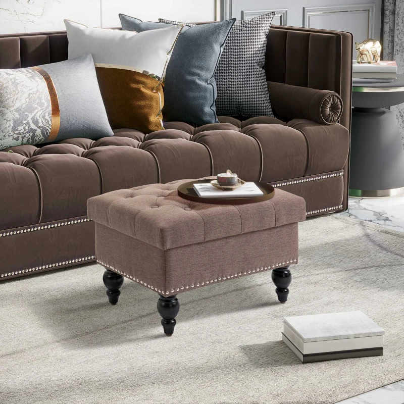 HOMCOM Ottoman with Storage for Living Room, 25" Storage Ottoman with Removable Lid, Button-Tufted Fabric Bench for Footrest and Seat with Wood Legs, Coffee