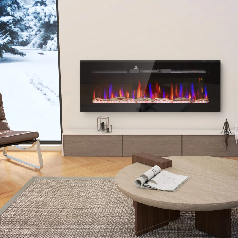 HOMCOM 50" Recessed or Wall Mounted Electric Fireplace Heater with Remote Control, Adjustable Flame Color and Brightness