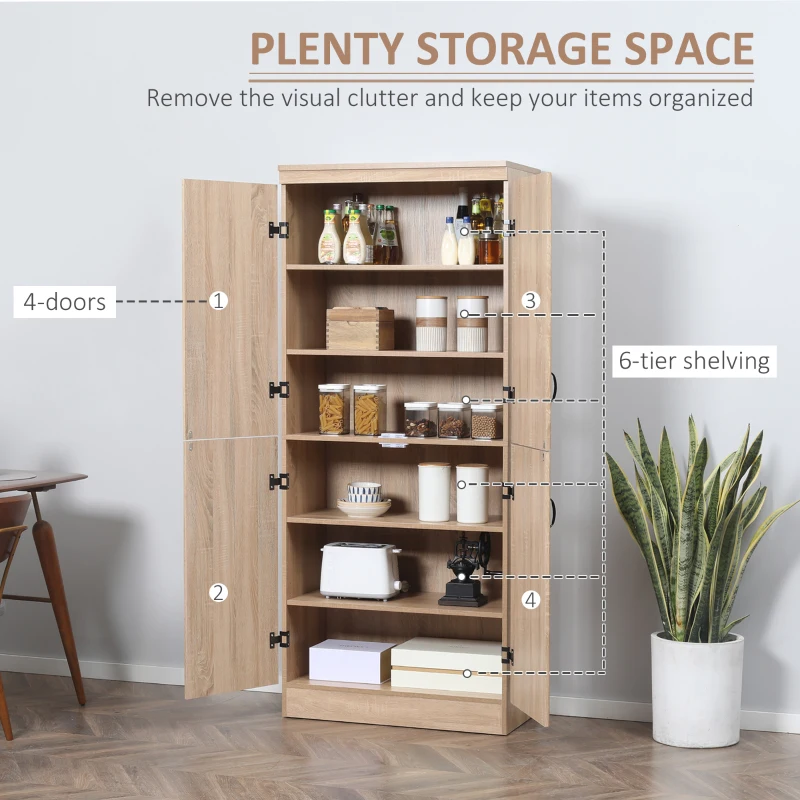 HOMCOM 70" 4-Door Storage Cabinet, Freestanding Pantry Cabinet with Adjustable Shelves for Living Room, Natural