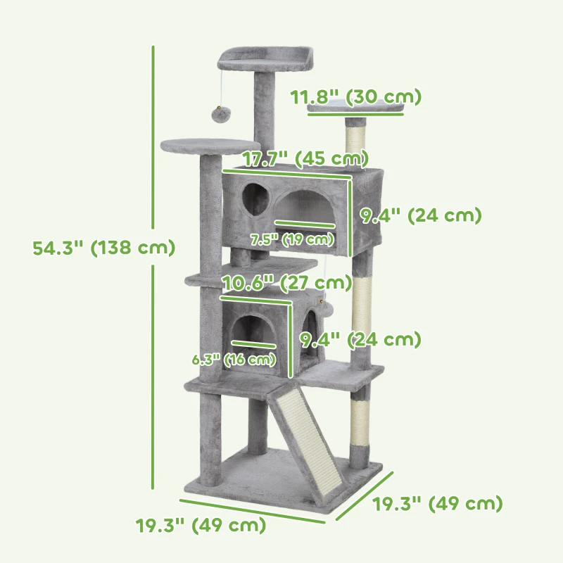 PawHut 54" Cat Tree, Multi-Level Cat Tower with Scratching Posts, Cat Condos, Bed, Platforms, Ramp, Toy Ball, Light Grey