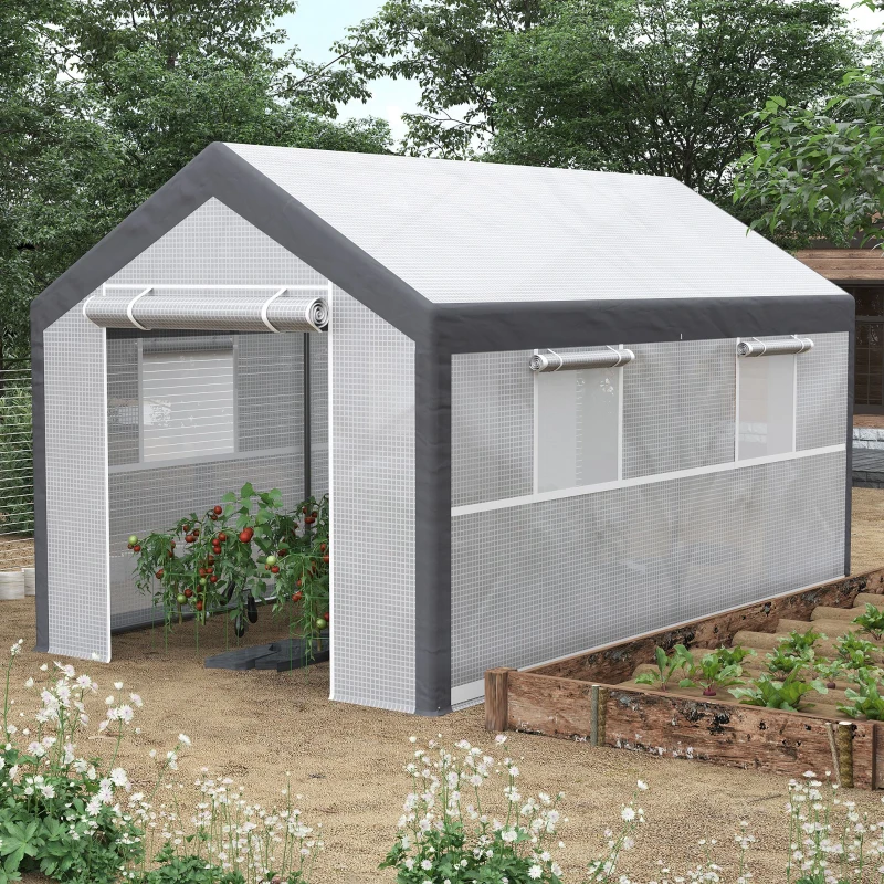 Outsunny 12' x 7' x 7' Greenhouse, Walk-in Outdoor Tunnel Green House with PE Cover, Steel Frame, 2 Roll-Up Zipper Doors & 4 Windows for Flowers, Vegetables, Tropical Plants, White/Dark Gray