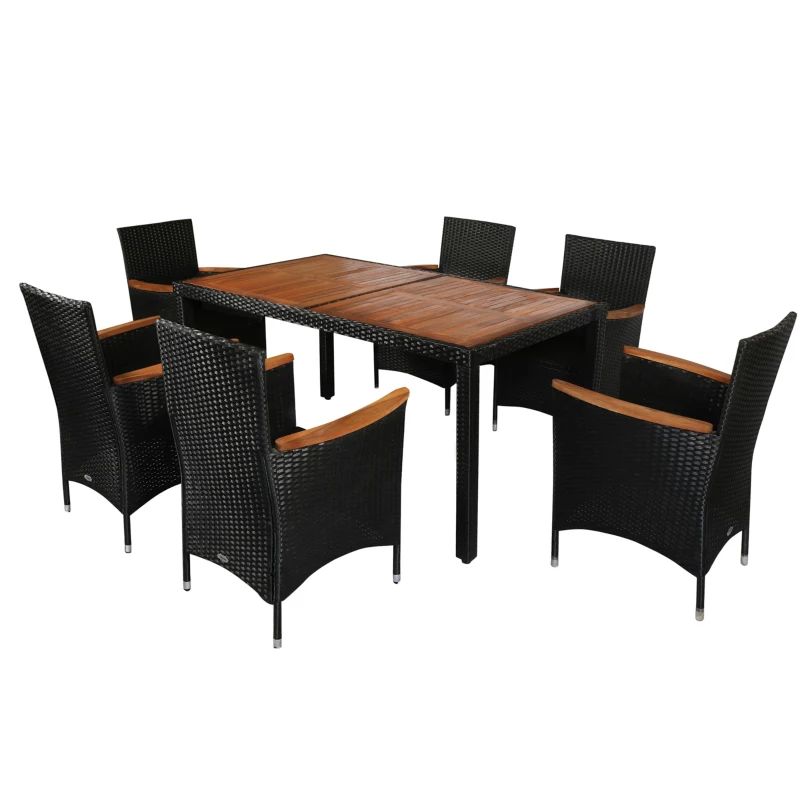 Outsunny 7 Pieces Wicker Patio Dining Set Outdoor Furniture Set with Removable Cushions, Acacia Wood Top Dining Table, PE Rattan Conversation Set for Garden Poolside, Black