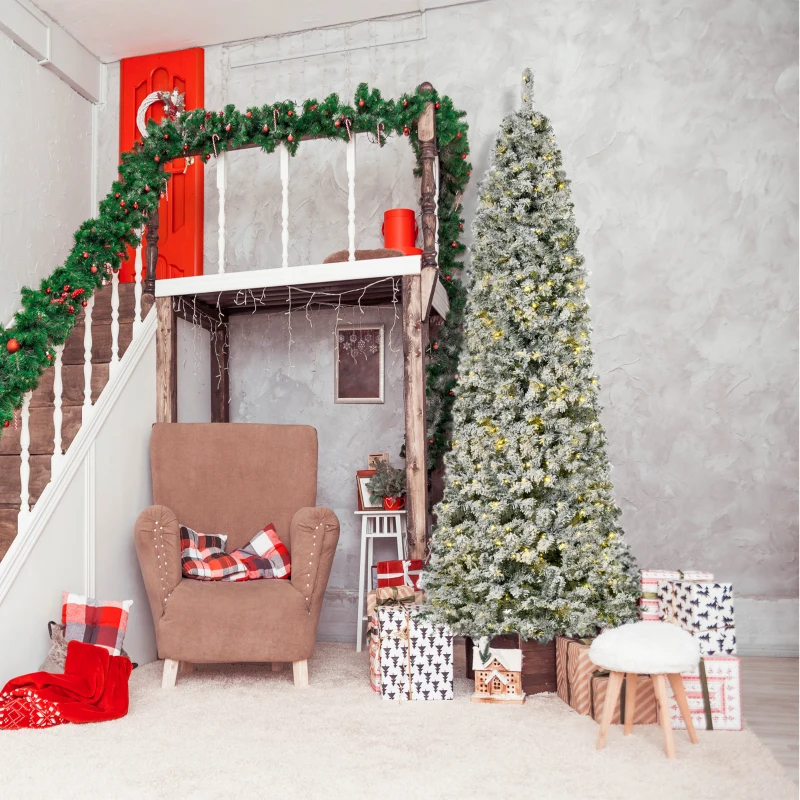 HOMCOM 9ft Pre Lit Christmas Tree Artificial Snow Flocked Pencil Christmas Tree with Warm White LED Light, Holiday Home Xmas Decoration, Green