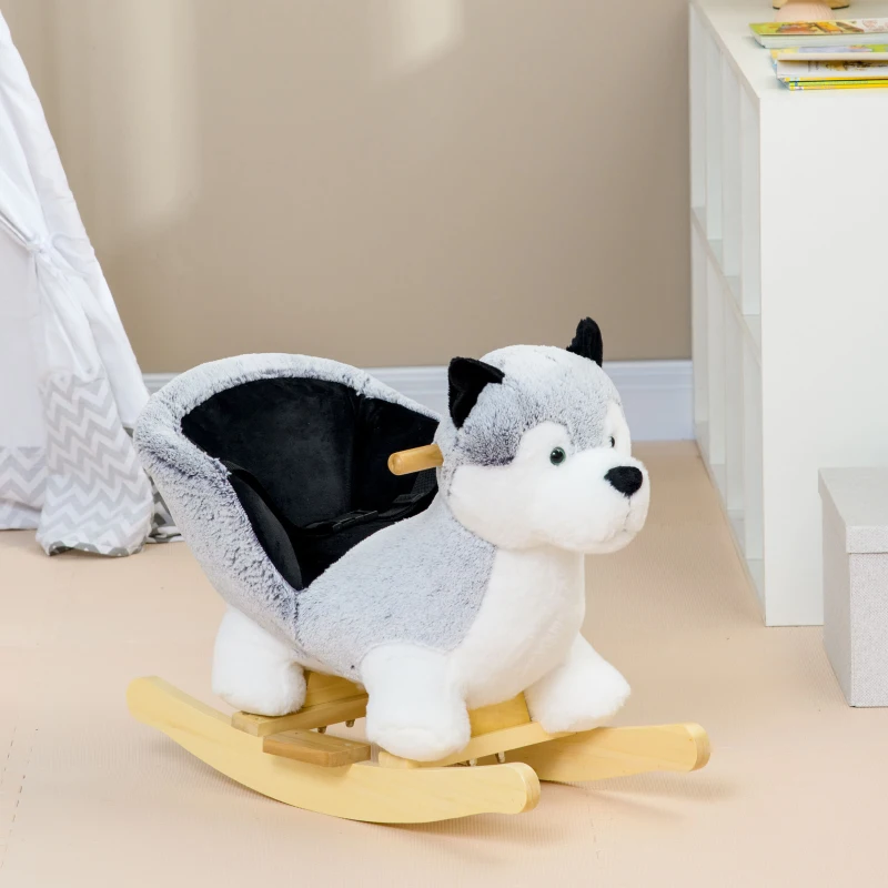 Qaba Toddler Rocking Chair Husky-Themed Rocking Animal with Wooden Base, Seat Belt for Kids 18-36 Months