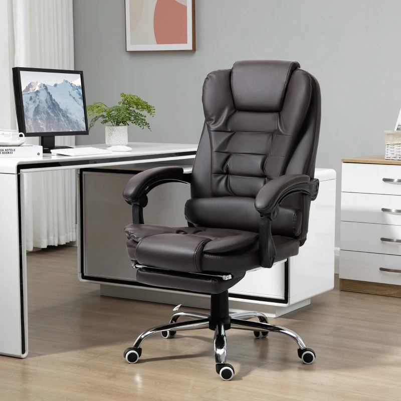 HOMCOM High Back Office Chair PU Leather Executive Office Chair with Retractable Footrest Padded Armrest Coffee