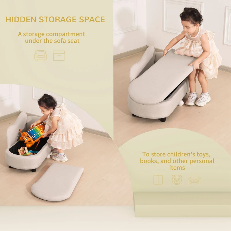 Qaba Kids Sofa, Toddler Couch with Storage Compartment, Children Chaise Lounge, Armrest Chair for Preschool for Kids Room, Kindergarten, Eucalyptus Wood, Beige