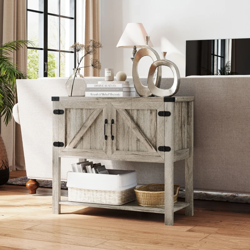 HOMCOM Farmhouse Double Door Coffee Bar Cabinet, Kitchen Cabinet with Bottom Shelf for Entryway, Living Room, Washed-out Gray