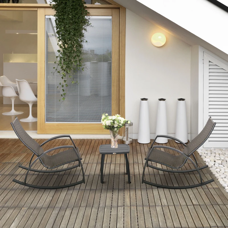 Outsunny 3 Pieces Patio Wicker Rocking Chair Set, Outdoor PE Rattan Bistro Rocker Set w/ Aluminum Frame, and Glass Top Coffee Table for Garden, Porch, Poolside, Brown