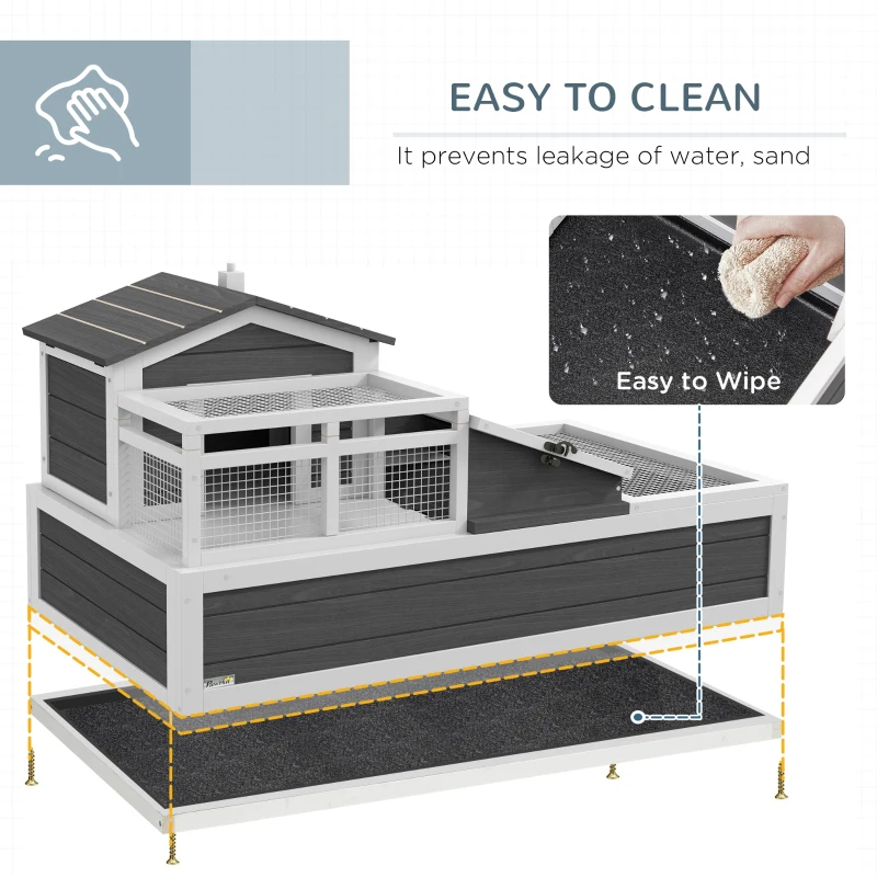 PawHut 3-Room Tortoise House Habitat with Balcony & 2 Stories, Indoor/Outdoor Wooden Tortoise Enclosure with Ladder, Tray, Openable Roof, Large Reptile Cage, 44" x 25.5" x 23", Gray
