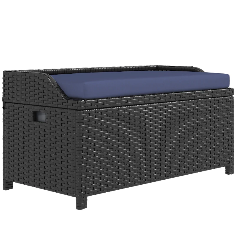 Outsunny Wicker Storage Bench Deck Box with Comfortable Cushion Navy Blue