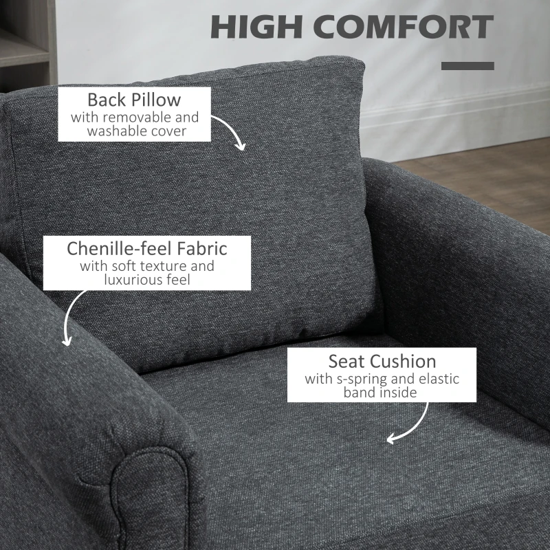 HOMCOM Vintage Armchair, Upholstered Accent Chair with Rolled Arms, Gourd-Shaped Rubber Wood Legs, Dark Grey