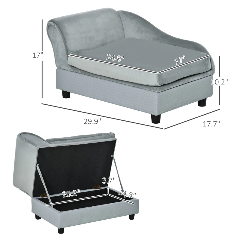 PawHut Luxury Fancy Dog Couch with Hidden Storage, Small Dog Sofa Bed with 2" Soft Foam, Modern Pet Furniture for Puppies & Little Breeds, Pale Gray