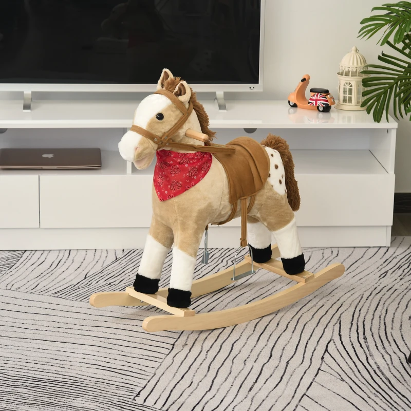 Qaba Kids Plush Ride-On Rocking Horse Toy Cowboy Rocker with Fun Realistic Sounds for Child 3-6 Years Old, Beige
