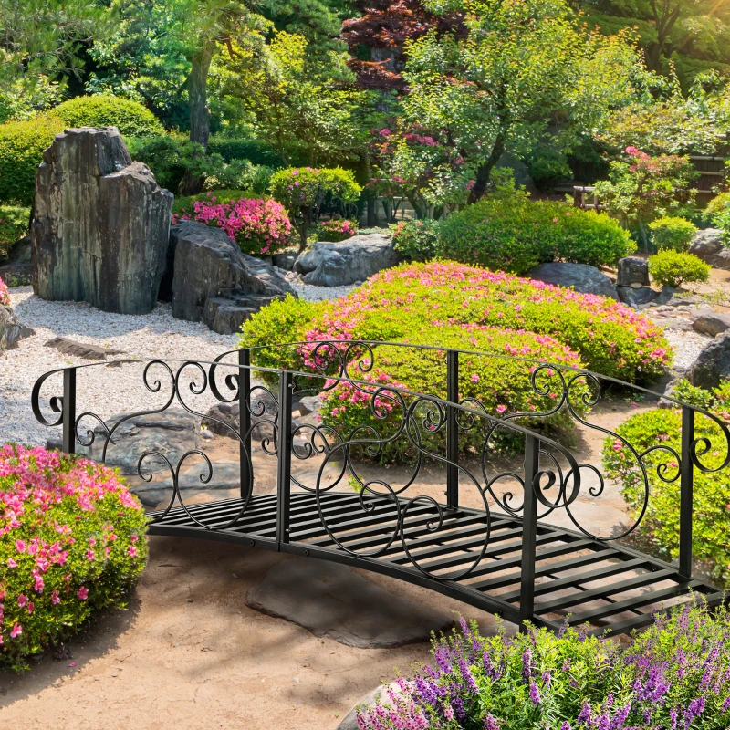 Outsunny 6FT Steel Garden Bridge with Safety Siderails, Decorative Arc Landscaping Bridge for Backyard Creek Stream Pond, Black