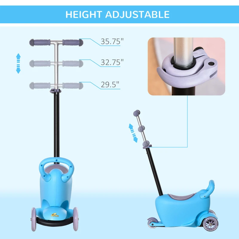 Qaba 3-in-1 Ride On Push Car, Kids Scooter, Sliding Walker, Push Rider, with Adjustable Handlebar, 3 Balanced Wheels, Removable Storage Seat, for Boys and Girls Aged 2-6 Years Olds, Blue
