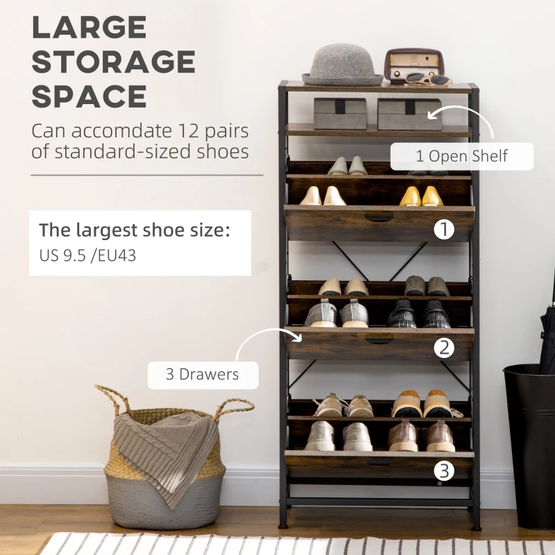 HOMCOM Industrial 12 Pair Shoe Storage Cabinet with 3 Flip Drawers and Open Shelf, Shoe Storage Organizer Rustic Brown