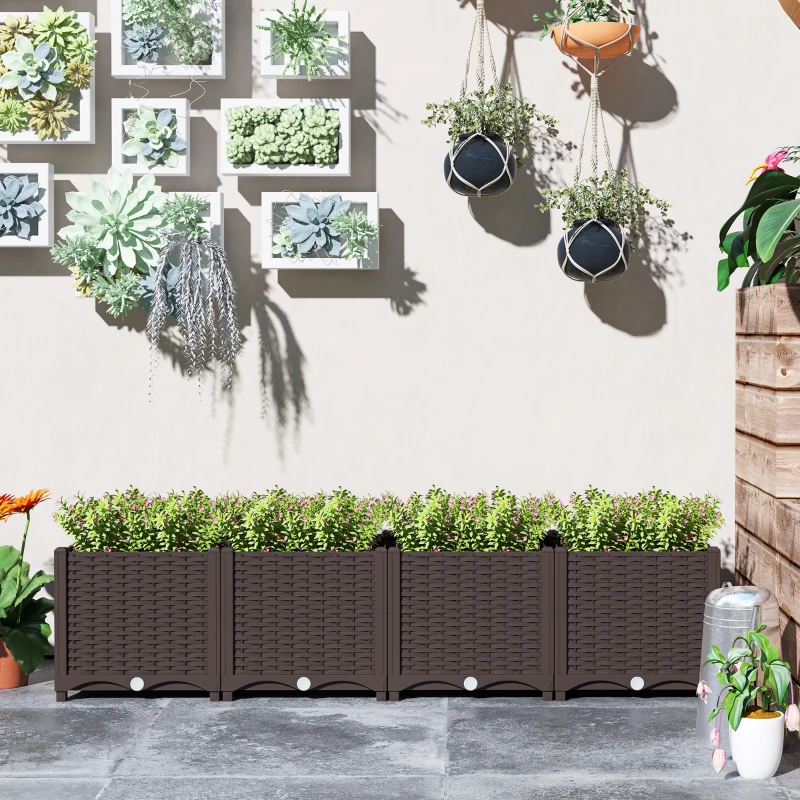 Outsunny Plastic Raised Garden Bed, Outdoor Planter Box with Drainage Holes for Patio, Balcony, 63" x 15.7" x 14.6", Brown