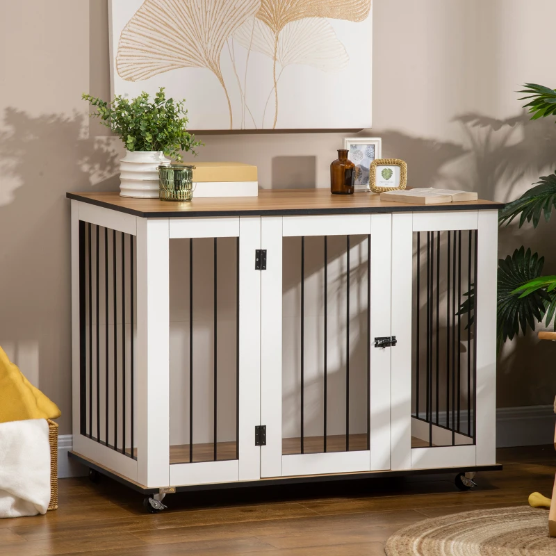 PawHut Dog Crate, Dog Cage End Table with Wheels & Big Tabletop, Indoor Dog Crate Furniture with Lockable Door, White