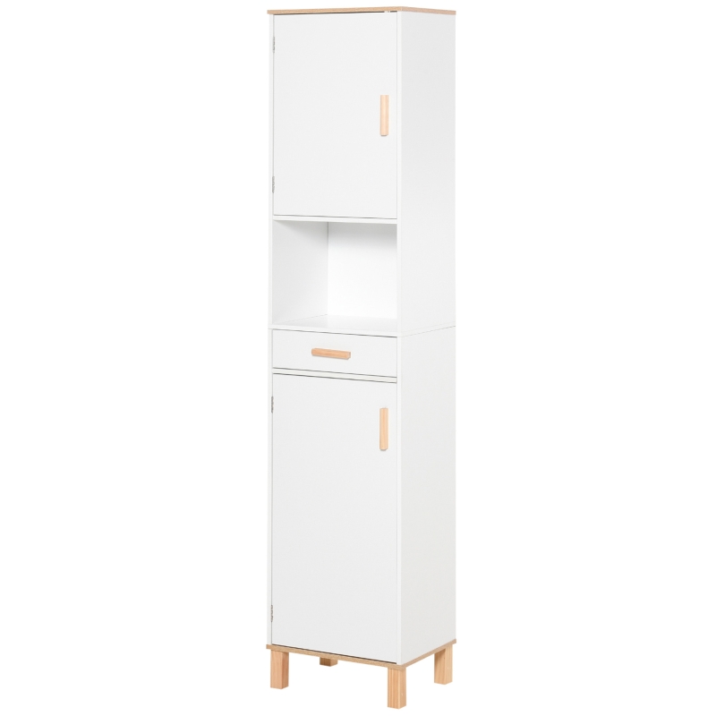 kleankin Bathroom Storage Cabinet with Cupboards and Drawer, Floor Free Standing Linen Tower, Tall Slim Side Organizer Shelves, White