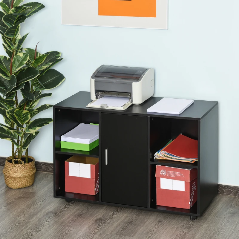 Vinsetto Mobile File Cabinet and Printer Stand for Home Office, Mobile Printer Table with 4 Open Storage Shelves, Door Cabinet, Wheels, Black