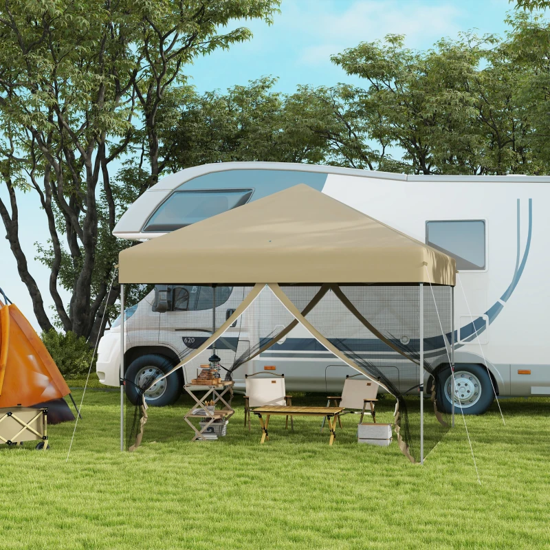 Outsunny 10' x 10' Pop Up Canopy Tent, Tents for Parties with Wheeled Carry Bag, Screen House Room, Height Adjustable Portable Gazebo, for Outdoor, Garden, Patio, Khaki
