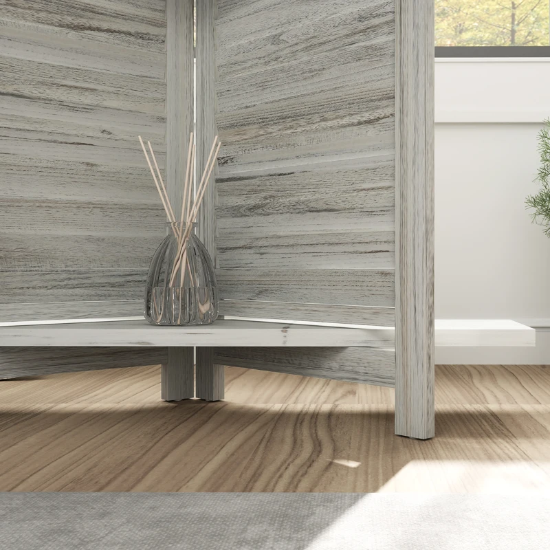 HOMCOM 4-Panel Wall Partition Room Separator with 3 Storage Shelves Foldable Design Wooden Frame 5.6FT Distressed White