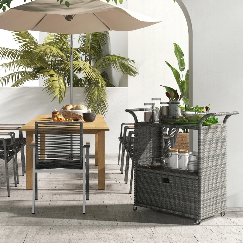 Outsunny Patio PE Wicker Garden Serving Cart with 2-Tier Shelf, Outdoor Wheeled Rattan Food Cart with Drawer, Handles, for Poolside, Garden, Mixed Grey