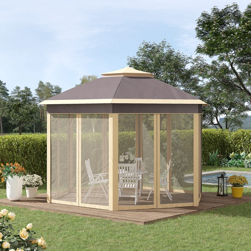 Outsunny 11' x 13' Pop Up Gazebo Canopy Tent with Zippered Mesh Sidewalls and Carrying Bag, Event Tent Shelter for Patio Garden Backyard, Beige