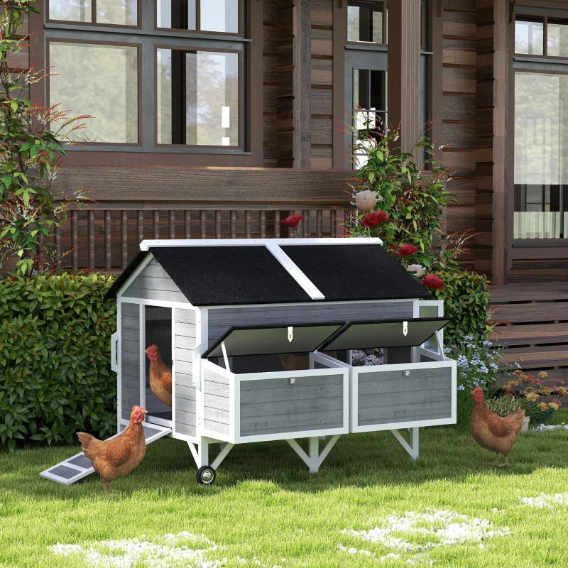 PawHut 59" Wooden Chicken Coop w/ Wheels, Handles, 2 Nesting Boxes, 2 Trays, 4 Perches, Chicken Tractor for 4-6 Chickens, Gray
