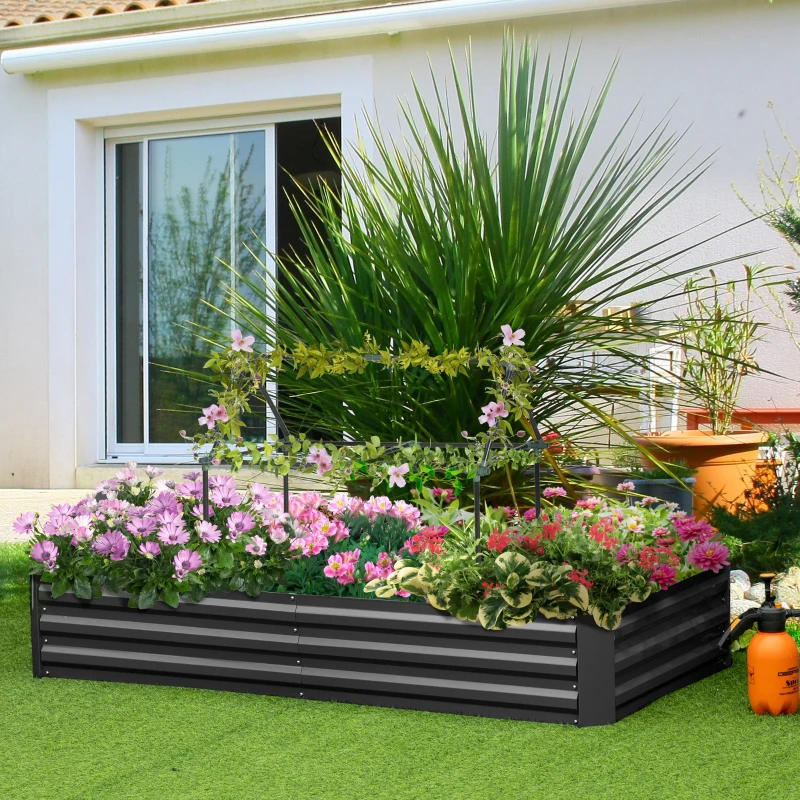 Outsunny 6' x 3' x 1' Raised Garden Bed with Support Rod, Steel Frame Elevated Planter Box, Black