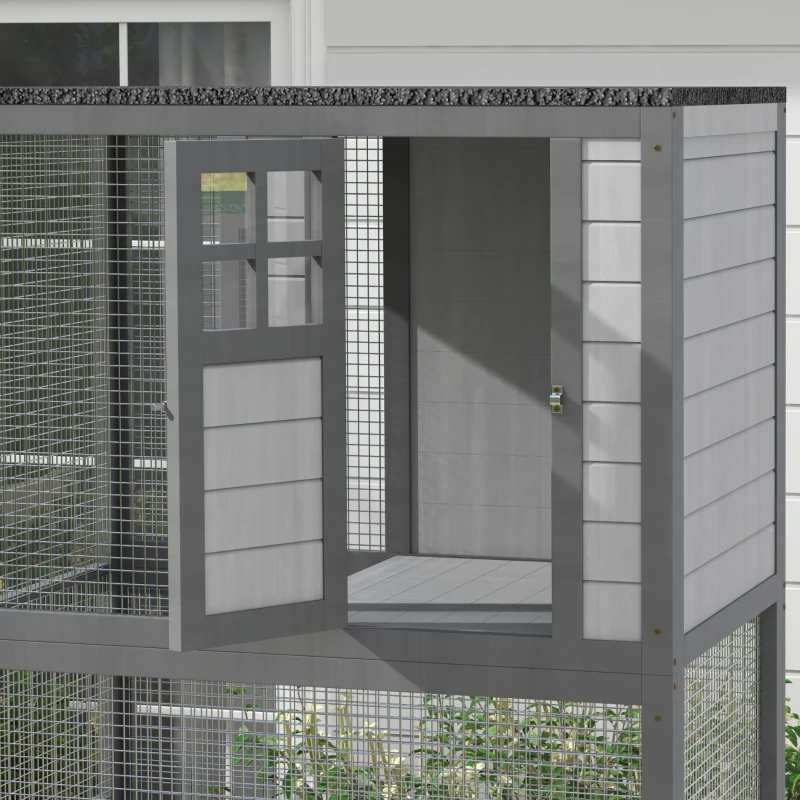 PawHut 74" Wooden Outdoor Cat House Catio with High Weight Capacity, Cat Cage Condo, Dark Gray