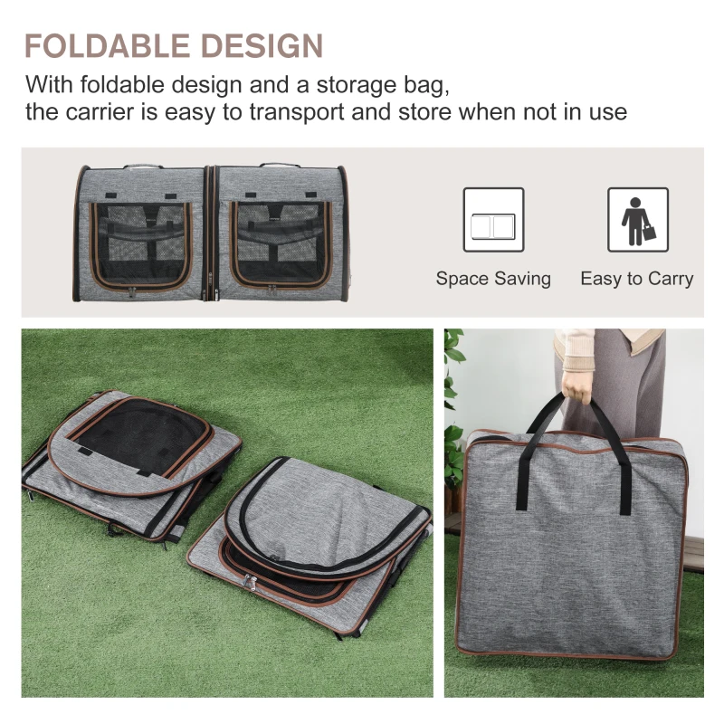 PawHut 39" Portable Soft-Sided Cat Carrier, Cat Kennel, Travel Dog Crate with Divider, Two Compartments, Soft Cushions & Storage Bag, Easy to Fold, Light Gray