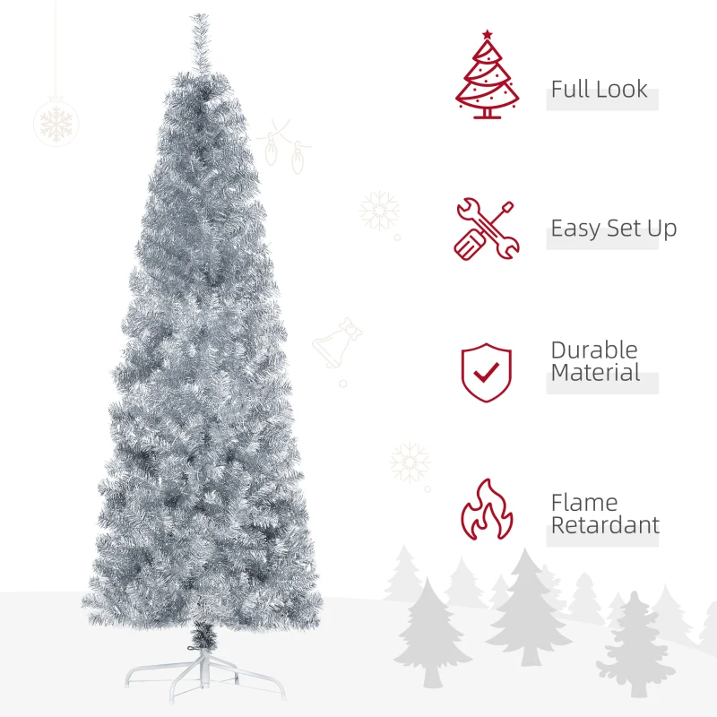 HOMCOM 7' Tall Unlit Slim Douglas Fir Artificial Christmas Tree with Realistic Branches, and 818 Tips, Silver